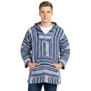 Baja Joe Mens Hooded Pullover Baja Hoodie‎ Blue Multi Stripe Size Small Casual